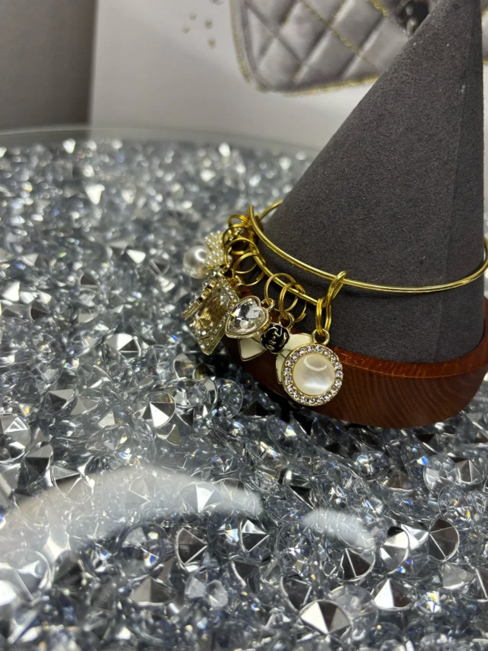 Gold Tone Charm Bangle Bracelet with Crystal & Pearl Accents - Picture 6 of 7